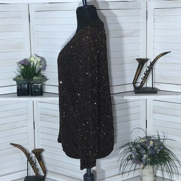Vintage 90s 100% Silk Gold Beaded Sequin Brown Blazer Blouse Size Small - Picture 9 of 12